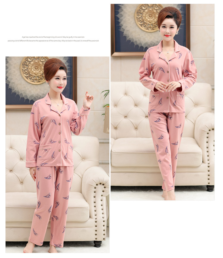 Bộ đồ ngủ của mẹ mùa thu cotton nữ dài tay trung niên và phụ nữ mặc quần áo gia đình cỡ lớn pijama lụa ngắn