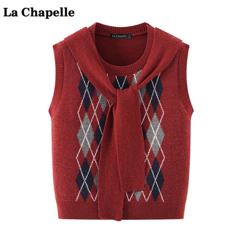 La Chapelle College-Style Diamond Checkered Knit Lace-Up Vest for Women, Autumn Round-Neck Slim-Fit Elegant Vest