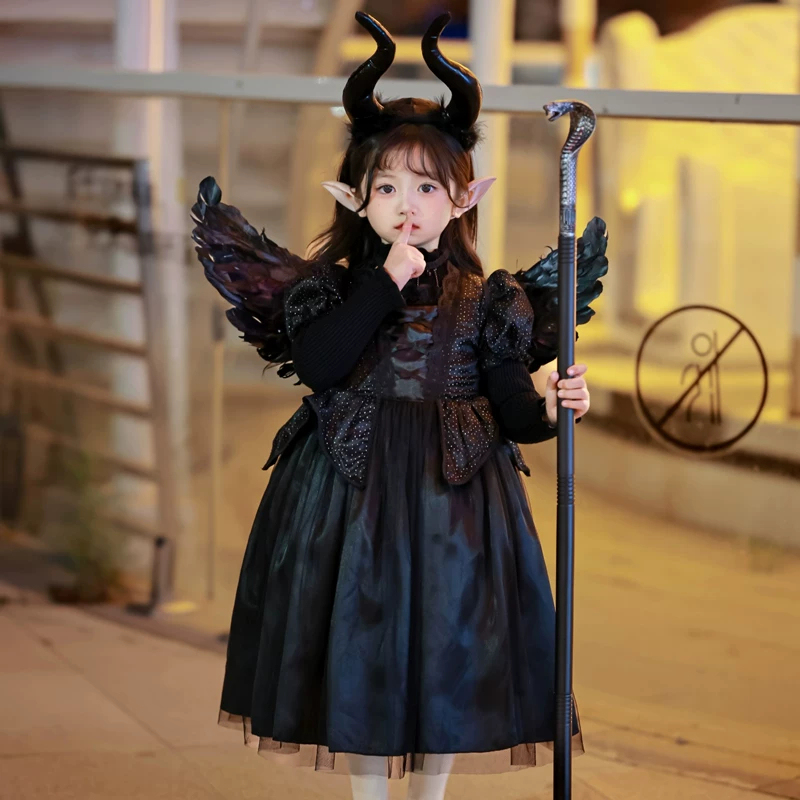 Halloween Costume Girls' Dress Autumn and Winter Black Little Devil Princess Dress Stage Masquerade Children's Performance Costume Halloween Costume Girls' Dress Autumn and Winter Black Little Devil Princess Dress Stage Masquerade Children's Performance Costume