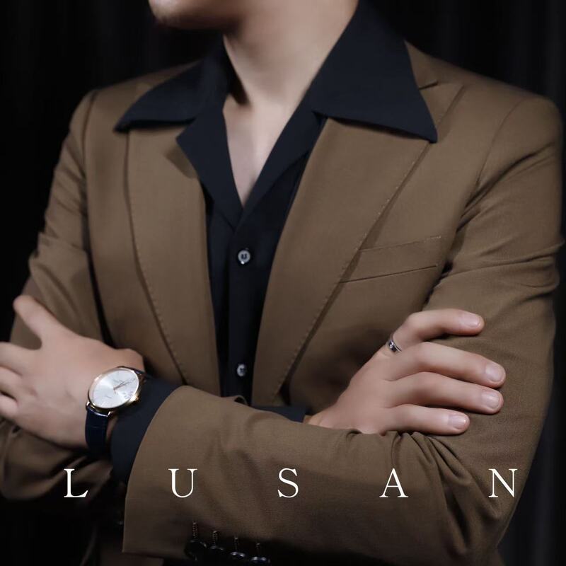 Mr. Lu San's Italian-Style Suit with Large Lapel Casual Shirt, Vintage Black Men's Cuban Collar Long-Sleeve Shirt