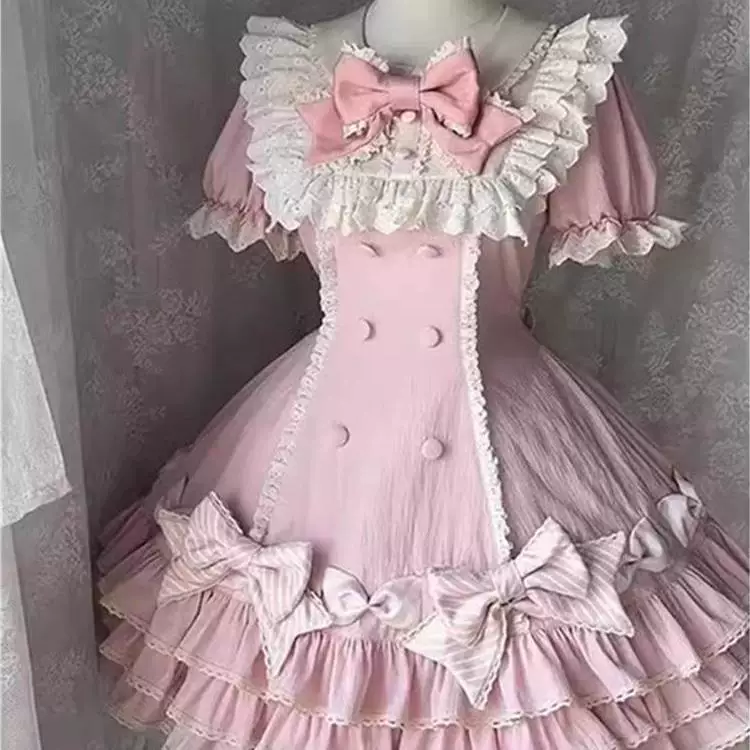 Полосатая многослойная Lolita, Lolita-розовый торт Юбка, милая и сладкая принцесса, платье-свитера с коротким рукавом OP, юбка на день рождения весна и осень