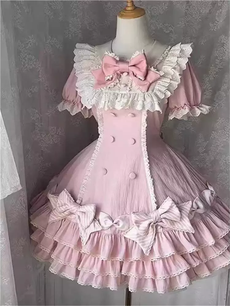 Полосатая многослойная Lolita, Lolita-розовый торт Юбка, милая и сладкая принцесса, платье-свитера с коротким рукавом OP, юбка на день рождения весна и осень