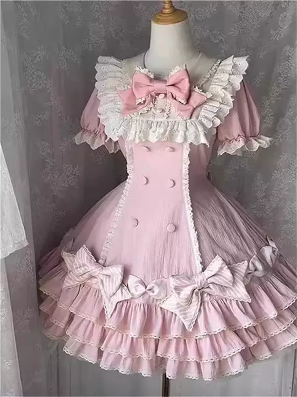 Полосатая многослойная Lolita, Lolita-розовый торт Юбка, милая и сладкая принцесса, платье-свитера с коротким рукавом OP, юбка на день рождения весна и осень