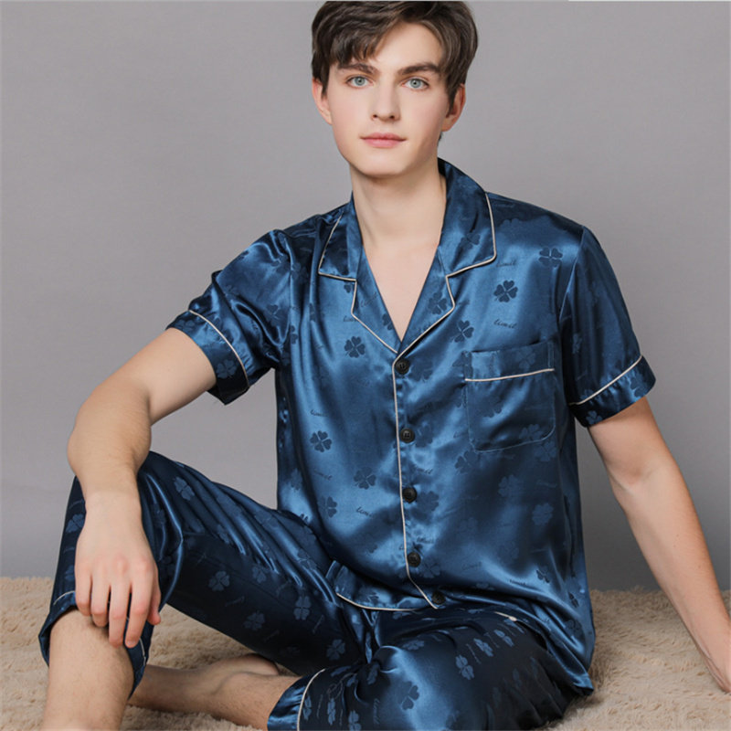 Ice silk pajamas men's summer thin short-sleeved trousers plus fattening spring and autumn premium silk home wear set