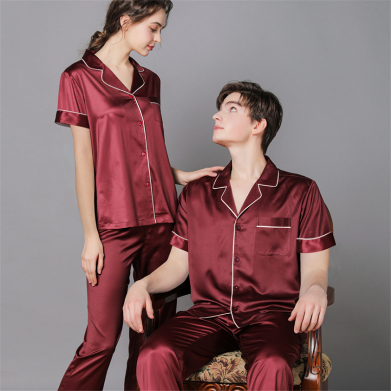 Silk couple pajamas women summer thin men's home wear solid color ice silk short sleeves long pants spring and autumn plus size set