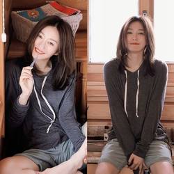 Star's same style gray long-sleeved hooded bottoming sweater for women with slimming T-shirt top for autumn and winter