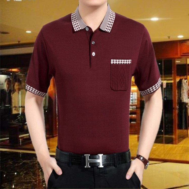 Mùa hè nam trung niên nam lụa ngắn tay áo thun cotton cotton màu rắn lỏng với cổ áo bố 40-50 tuổi áo thun unisex