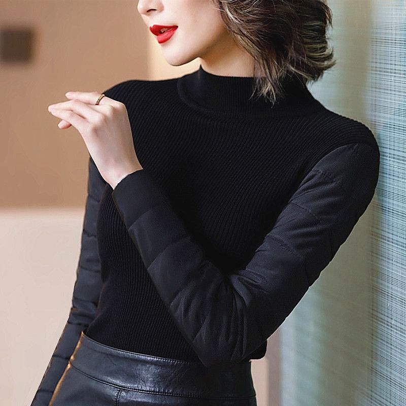 Sweater with Fur Vest, Fleece-Lined and Thickened down Cotton Sleeves, Base Layer for Women, Winter Slim-Fit Simple Knitwear