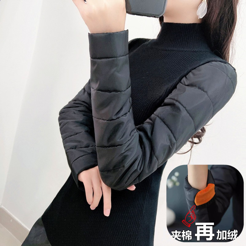 (Fleece-Lined Sleeves) down Cotton Sleeve Base Shirt for Women, Stylish and Slim-Fitting Cotton Sleeve Sweater with Fleece and Thickened Sleeves for Winter