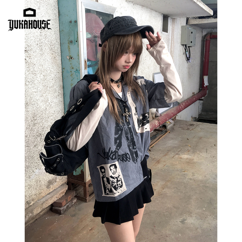Yukahouse Original American Street Retro Rock Patchwork Fake Two-Piece Long-Sleeve Shirt Unisex