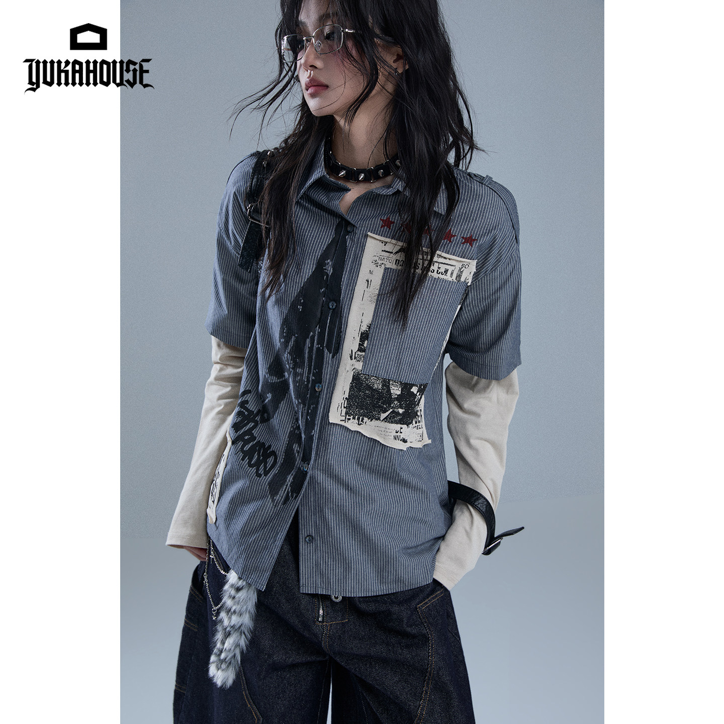 YUKAHOUSE Original American Street Retro Rock Patchwork Faux Two-Piece Appliqué Long-Sleeve Shirt Top (Unisex)