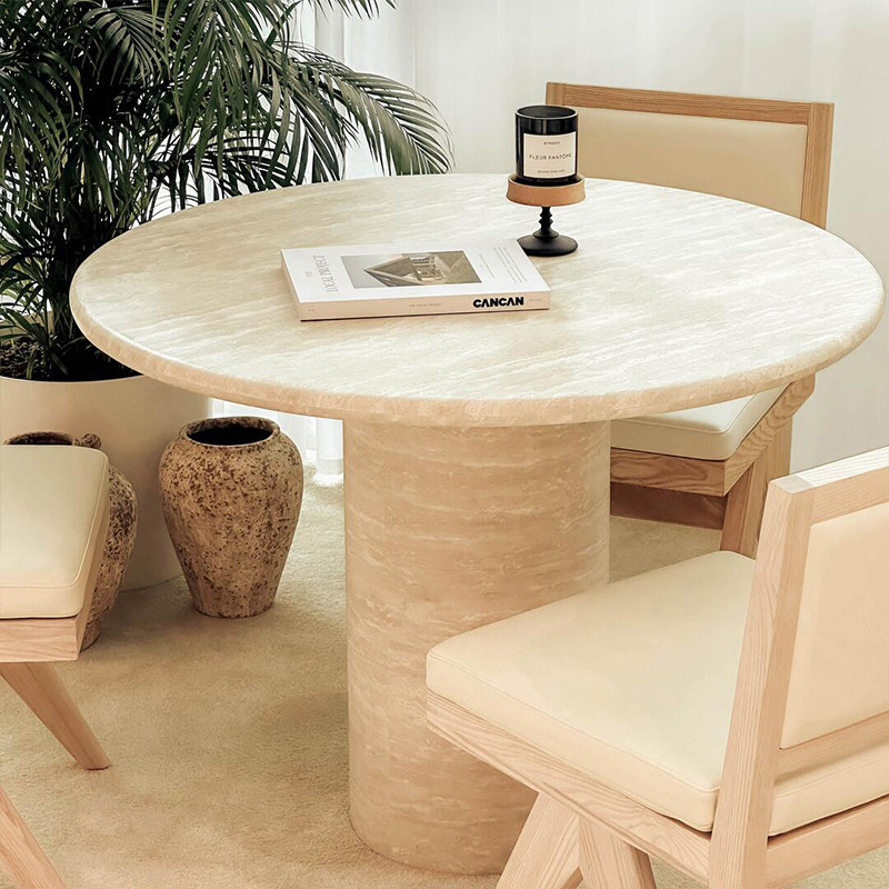 Wabi-Sabi Style Natural Travertine Dining Table Round Marble Dining Table for Home Small Apartment Stone Luxury Stone Vintage Round Table Wabi-Sabi Style Natural Travertine Dining Table Round Marble Dining Table for Home Small Apartment Stone Luxury Stone Vintage Round Table