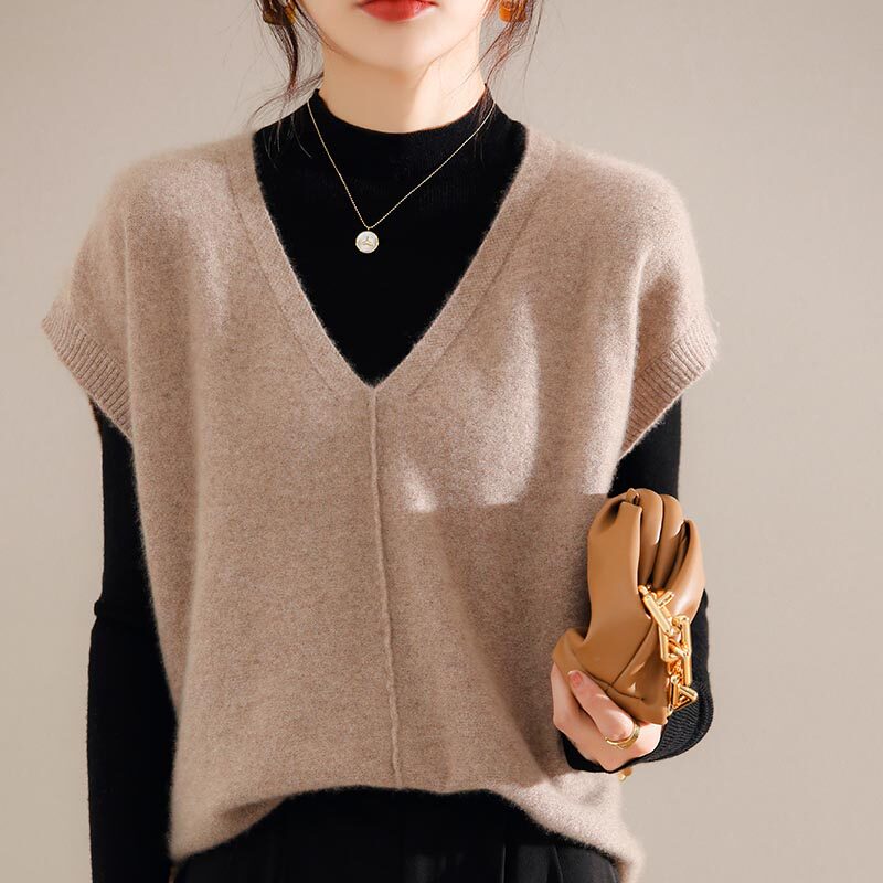 Stack wearing V collar wool vest Vest Knit Female loose Lazy Wind External Hitch Spring Autumn Sweater Sleeve Head Sleeveless Vest