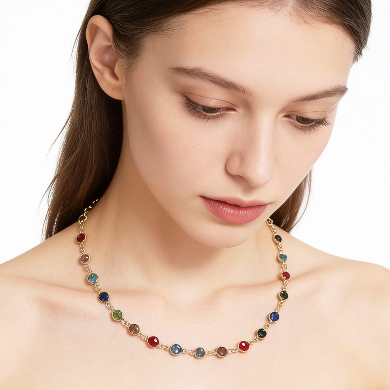 New Cross-Border Fashion Colorful Round Rhinestone Necklace for Women, Bohemian Ethnic Style Dopamine Choker Clavicle Chain