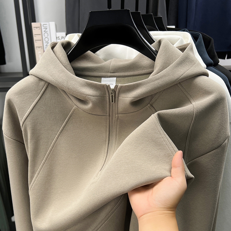 Outlet Clearance Genuine 100% Cotton Sweatshirt with Hood, Unisex Solid Color Half-Zip Top Jacket Trendy