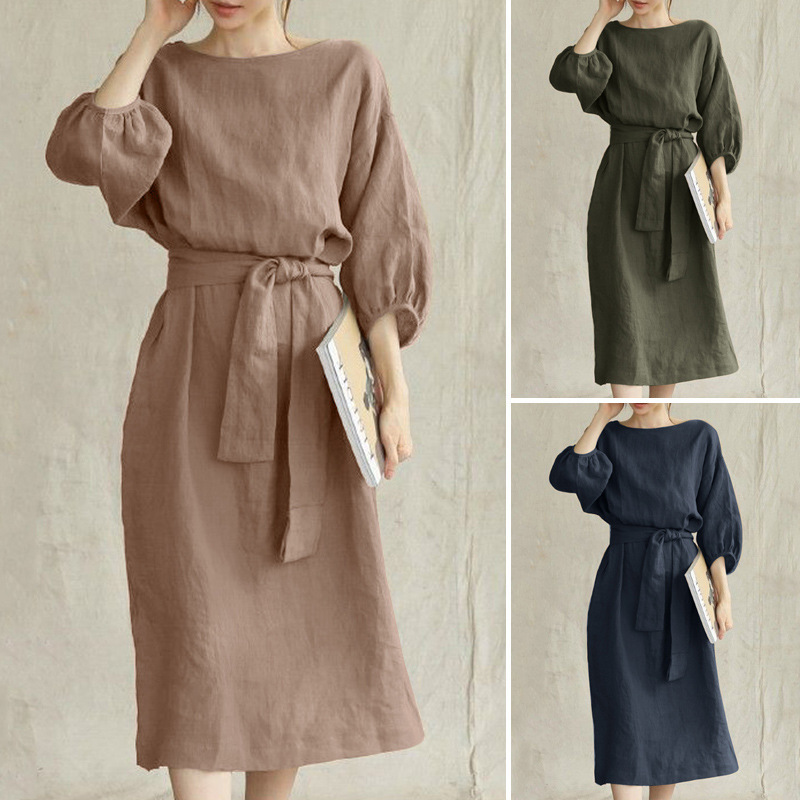 New Foreign Trade Style Elegant Mid-Length High-Waisted Tie Solid Color Round Neck Dress Women's Straight Slim Dress