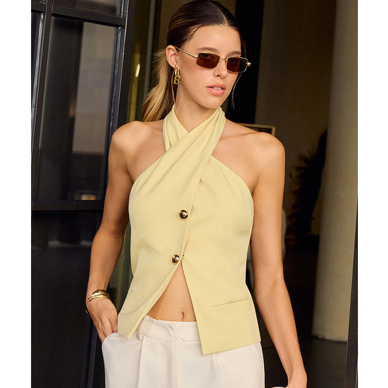 Eenkcos French-Style Yellow Design Cross Halter Neck Vest, Women's Summer New Niche Sleeveless Vest Top