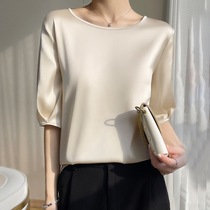 Pure color genuine silk blouses acetate satin finish 100 lap collar loose 2024 spring Summer New ladies Breathable Silk T-Shirt