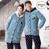 Mùa đông dưới đây phiên bản Hàn Quốc của bộ lông cừu dày lông cừu bộ đồ ngủ đôi nữ dài phần ấm áp áo khoác cotton phù hợp với nhà bộ đồ thể thao nam