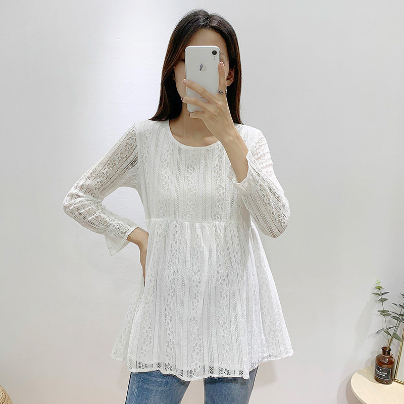 Pregnant Woman Spring Summer Dress Long Sleeves Lace Blouse New Fashion Large Size Loose short Han version 100 hitch white T-shirt