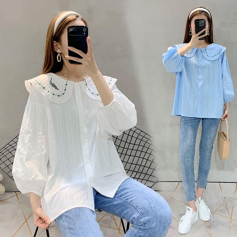 Pregnant woman Spring and autumn clothes 2022 New women's shirts Long sleeves Aging Pregnancy Woman with Spicy Mother Personality Doll Collar Blouse