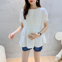 Pregnant woman summer fit short sleeve shirt 2022 new 100 hitch white pure cotton blouse lace Korean version big code loose shirt