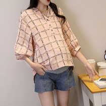 Pregnant woman Lining Summer Clothing Korean version Large code Loose Blouse Fashion 100 lap half sleeves slim fit pure cotton mid-sleeve plaid shirt