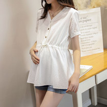 Pregnant woman summer dress shirt 2021 new short sleeve loose V collar blouse Han version foreign air big code 100 lap pure cotton shirt