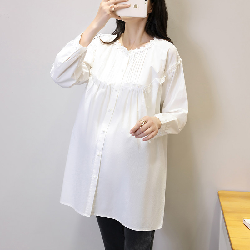 Pregnant Woman Autumn Dress Shirt New Long Sleeve Pure Cotton White Work Clothes Stylish Large Size Loose Medium Long Version 100 Hitch Shirt