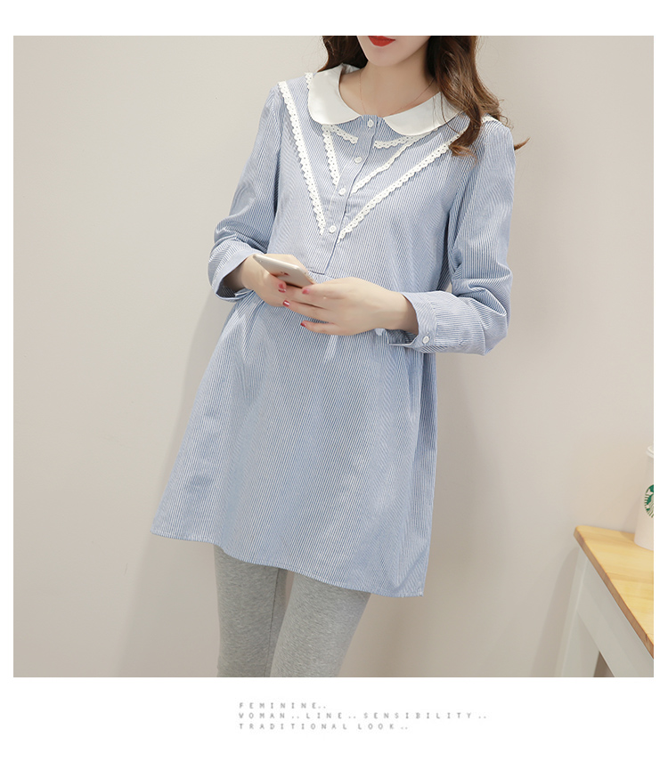 Bà bầu mùa xuân mới cổ áo búp bê dài tay trong phần dài phiên bản Hàn Quốc của váy sọc rộng kích thước rộng đầm bầu dự tiệc