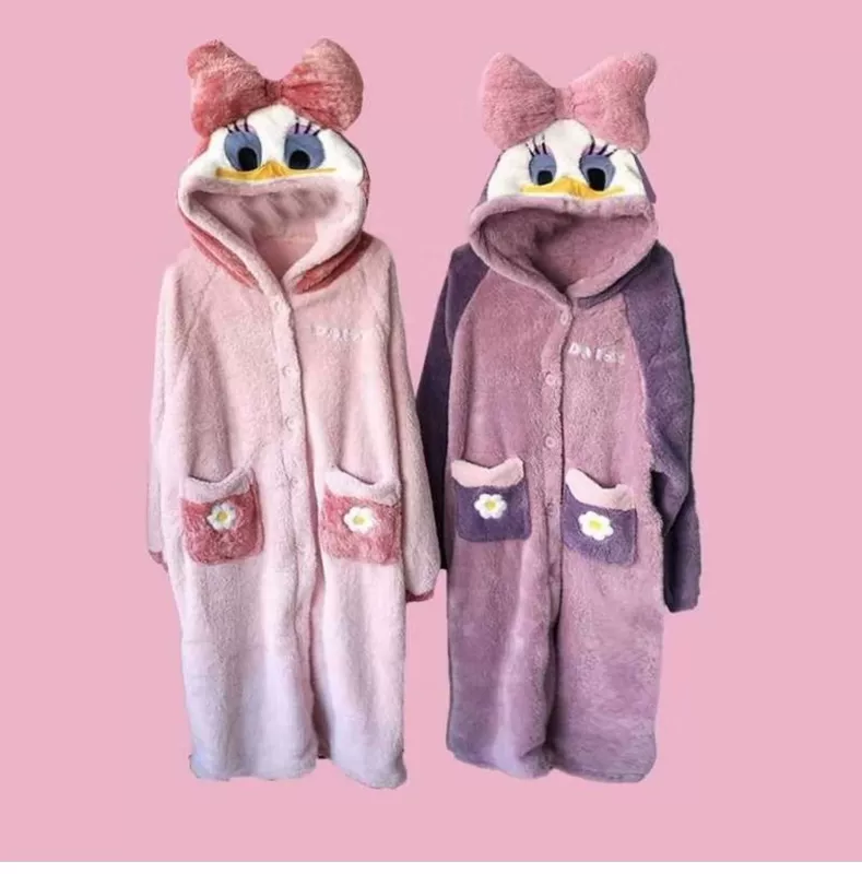 Áo khoác len pijama nữ mùa đông dài GK cùng đoạn Donald Duck Daisy phim hoạt hình Mickey váy ngủ san hô lông cừu dịch vụ tại nhà - Night Robe