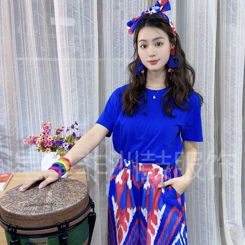 African Drum Performance Clothing New Style Short-Sleeve Set Klein Blue Ethnic Style Unisex Plus-Size Wide-Leg Pants