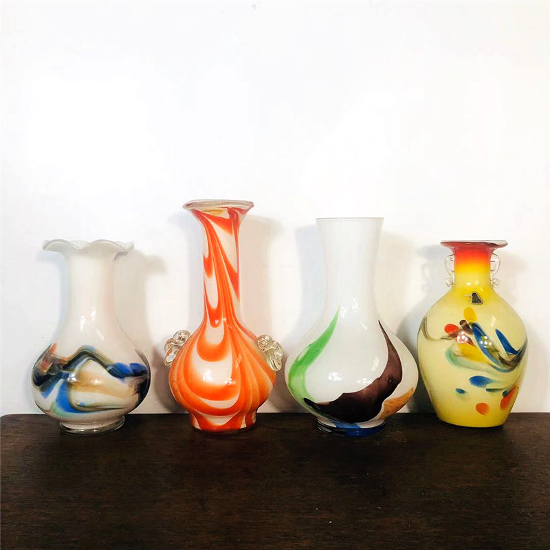 Old objects in the 70 s and 80 s, glazed ornaments, vintage glass vase, flower arrangement, collection and decoration
