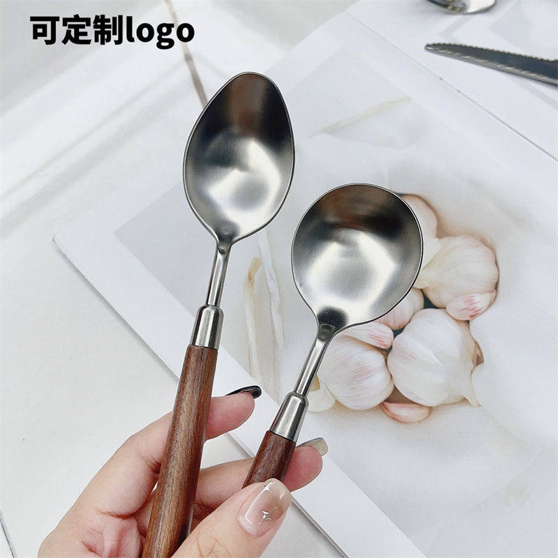 Stainless Steel High-End Retro Imitation Walnut Handle Steak Knife and Fork Western Food Knife, Fork and Spoon Dessert Rice Spoon Soup Spoon Tableware