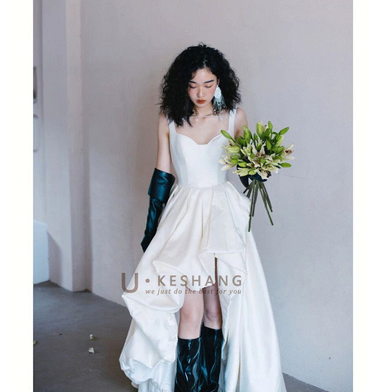 Short in the Front, Long in the Back, French-Style Light Wedding Dress, Satin Travel Photography Dress, Morning Gown, Registration Dress, Runaway Princess