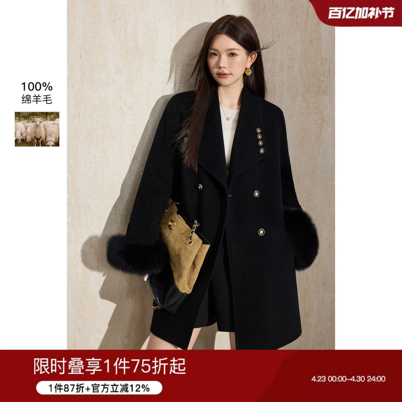 Blue Language Plus-Size Black Elegant Double-Breasted Fox Fur Wool Coat 2025 Winter New Style Waist-Cinching Woolen Jacket