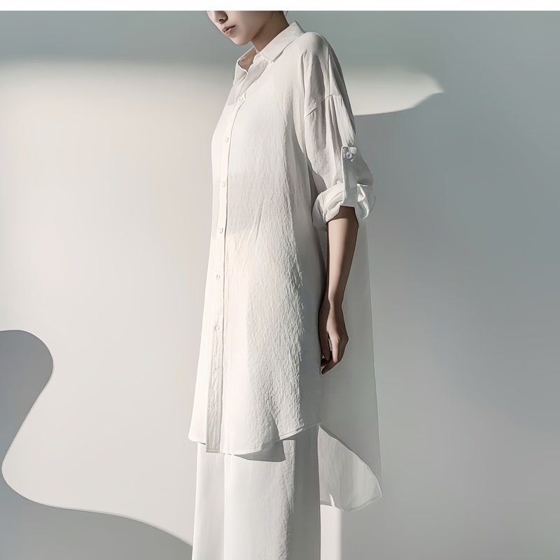 Casual Mid-Length Swallowtail Shirt for Men and Women, Loose Long-Sleeved Tie-Up White Skin-Friendly Breathable Sun-Protective Cardigan Made of Cotton and Linen