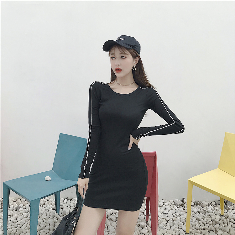 Thời trang Hàn Quốc mùa thu và mùa đông mới đáy váy cao eo mỏng giảm béo váy màu đen dài tay áo sương ba lô hip váy nữ đồ nữ