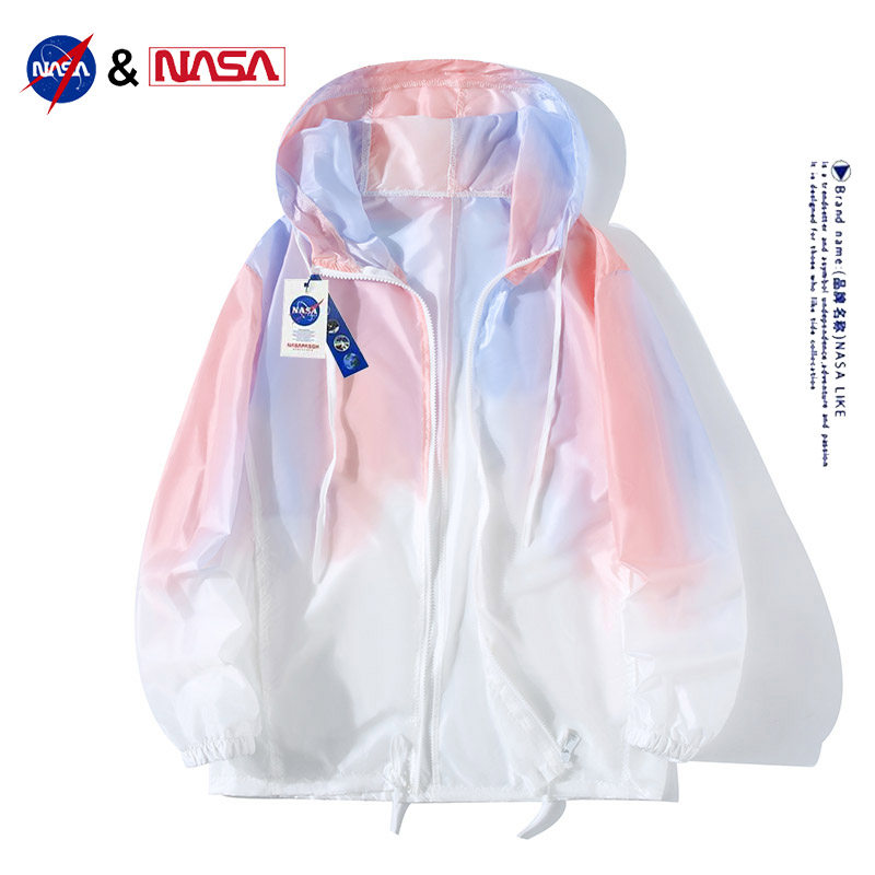 NASAとのコラボレーションメンズ日焼け防止ジャケット、2025年夏新作、グラデーション超薄型アイスシルクアウトドアスキンウェア、日焼け防止服。