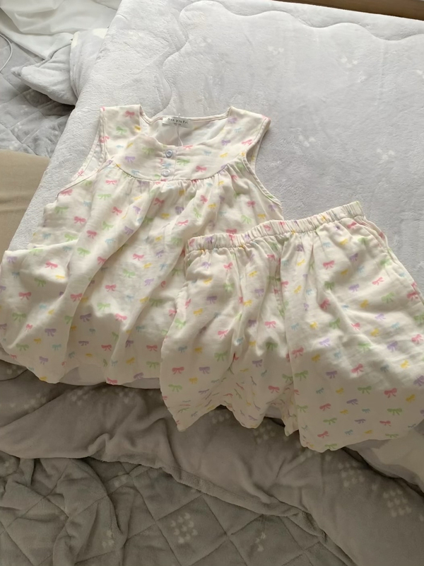 100% Cotton Double-Layer Cotton Gauze｜Original Summer Vest Shorts Pajamas in Milky White with Bow, Breathable and Oversized from Yuzu's Store
