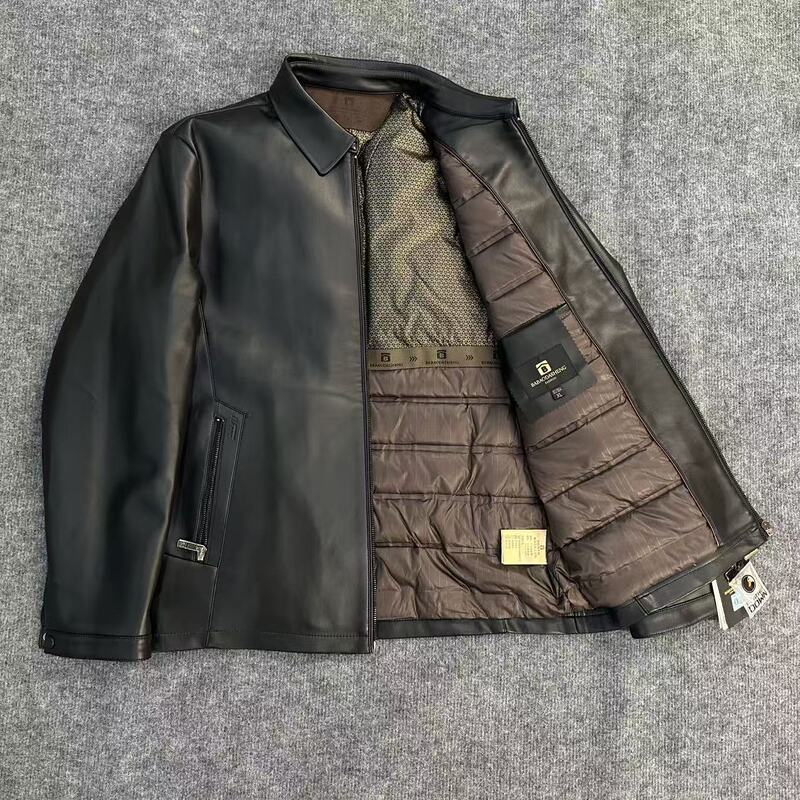 【B Brand Leather down Jacket】90% Duck down Sheepskin Leather Jacket with Stand Collar for Men, Business Casual Leather Jacket