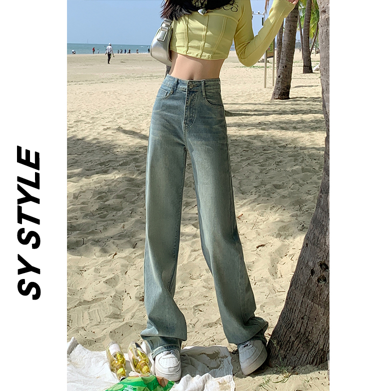 2026 New Vintage High-Waisted Slim Straight-Leg Jeans for Women, Wide-Leg, Floor-Length, Light Blue, Petite, Cigarette Style