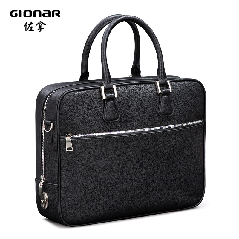 GIONAR Code Lock Burglar-Proof Insert Lever Box Men Business Briefcase Genuine Leather Computer Handbag Headlayer Cow Leather