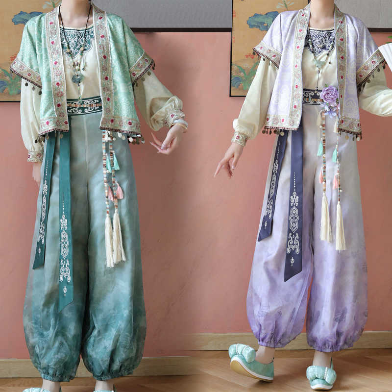 Hanfu Ethnic Style Spring and Autumn New Chinese Style Lantern Pants Set Tang-Style Women's Improved Hanfu for Daily Commuting