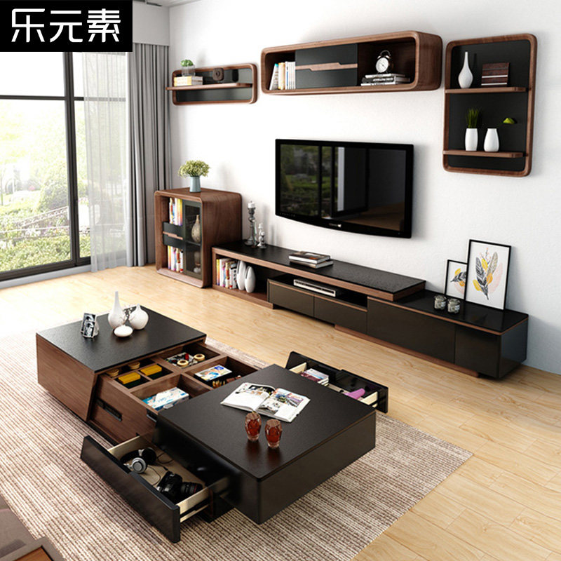 Small apartment telescopic slate TV cabinet solid wood veneer simple modern paint TV cabinet coffee table side cabinet combination