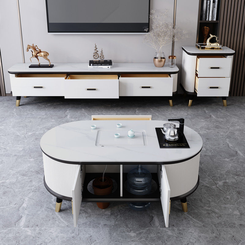 Slate coffee table multi-functional with kettle one-piece tea table oval modern minimalist solid wood office coffee table