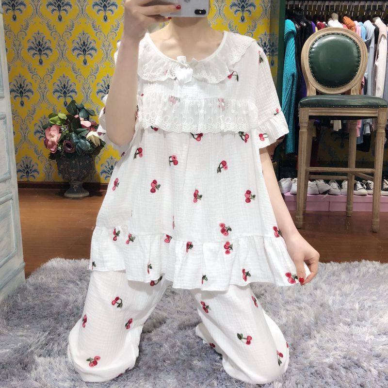 pink grape spring summer Korean version lady pure cotton short sleeve cherry embroidery pyjamas 7-pants home suit suit