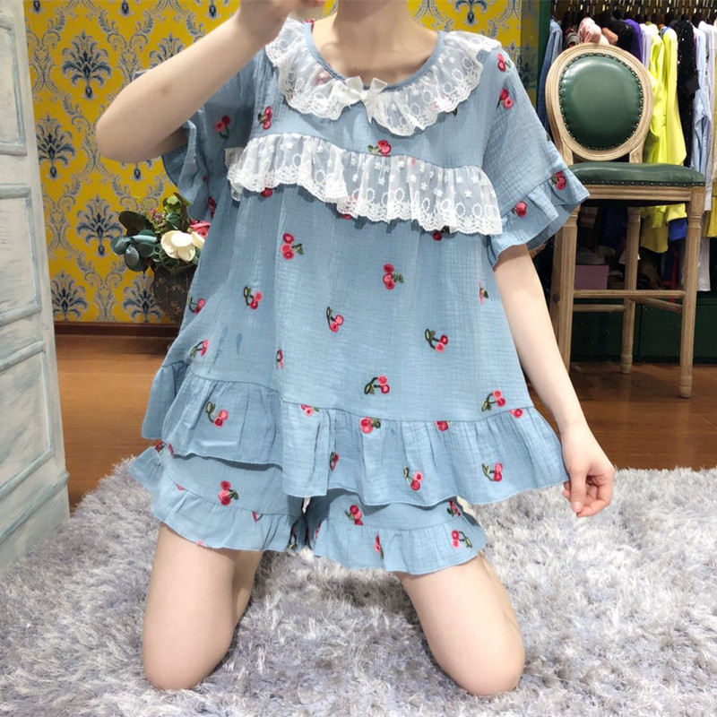 Summer Ladies Short Sleeve Embroidered Cherry Pajamas Korean Version Pure Cotton Cute Princess Homewear Nightdress Cropped Pants Set