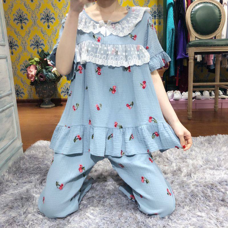 Pajamas women's spring and summer short-sleeved cotton parent-child mother-daughter home service Korean princess style embroidered cherry sweet suit