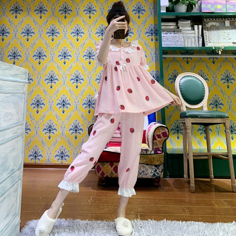 pink grape gauze cotton pajamas women's summer cropped pants princess sweet strawberry embroidery home wear thin section
